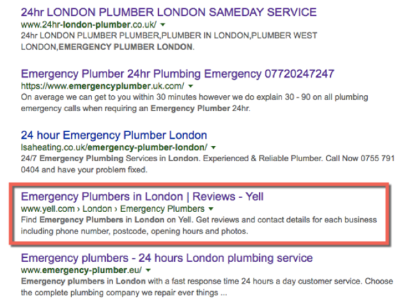 Например, поиск в Google «аварийный сантехник Лондон» показал справочник Yell на первой странице результатов: